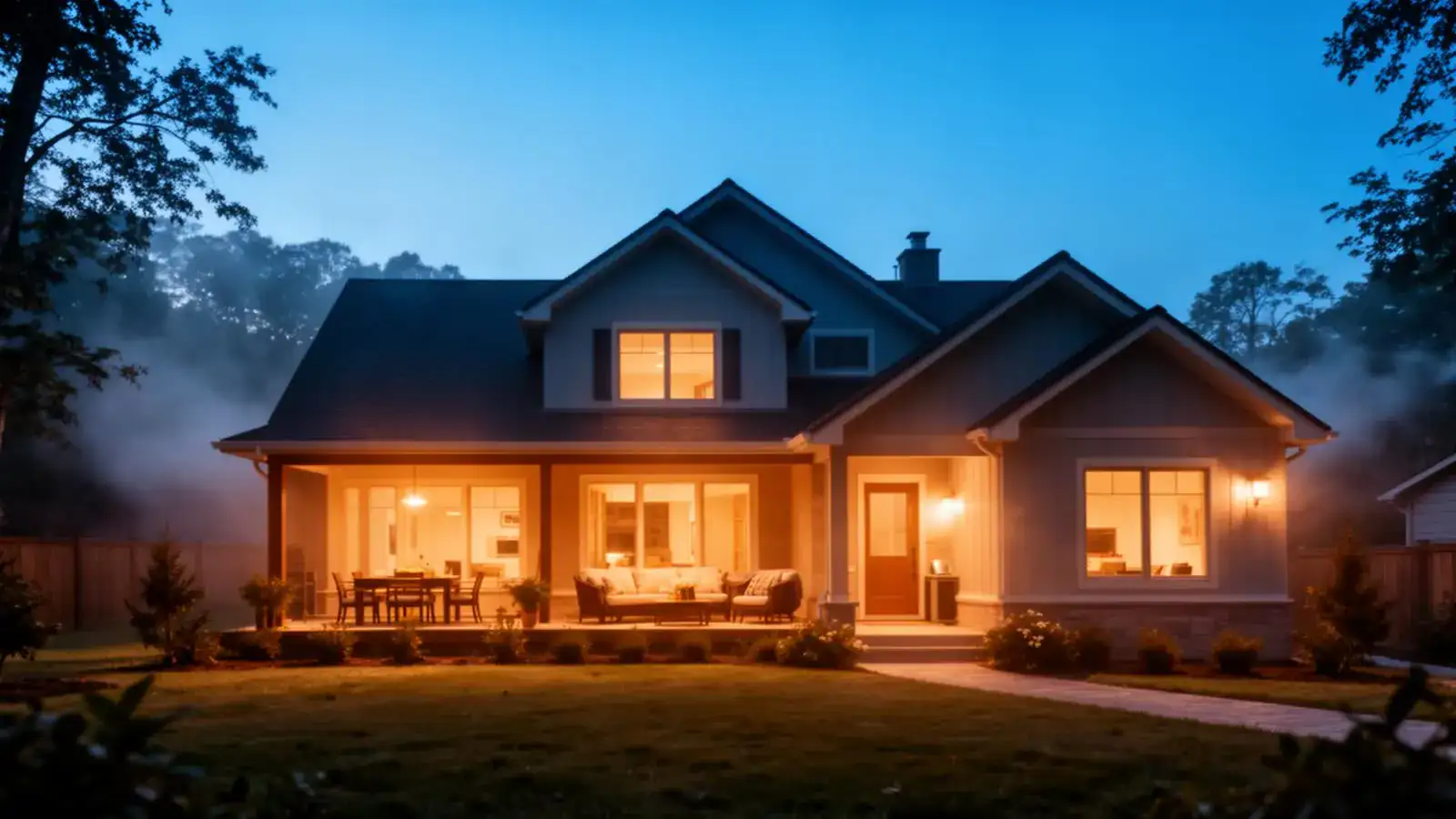 Cozy home at dusk with warm interior lighting