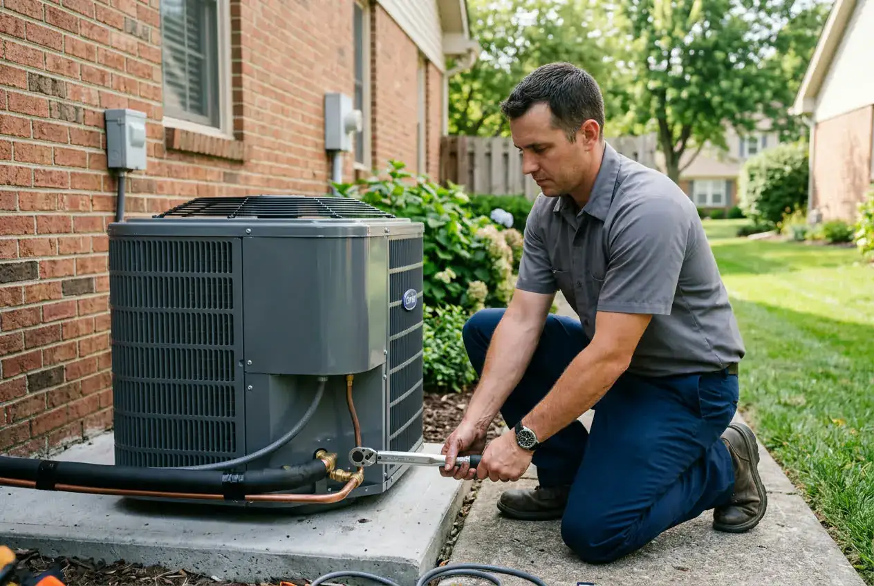HVAC technician installing a new outdoor AC condenser unit at a residential home