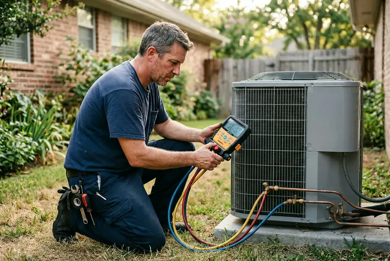 HVAC technician checking refrigerant pressures with manifold gauges