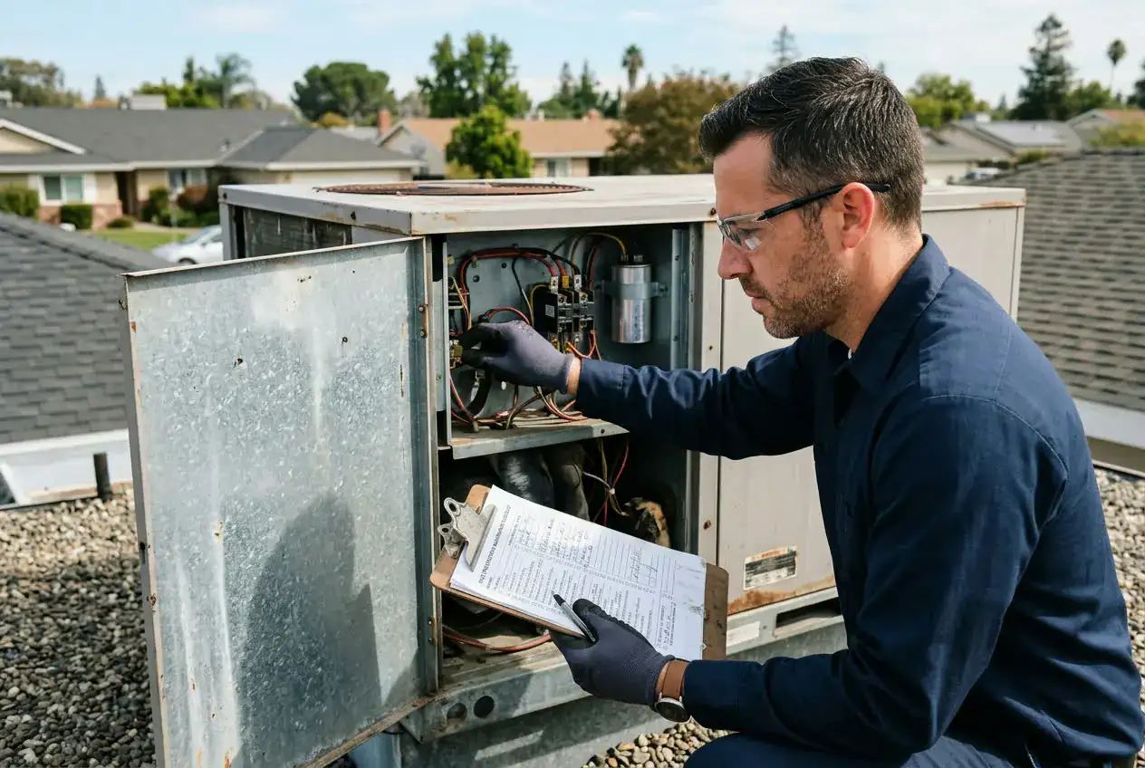 HVAC technician performing commercial maintenance with a clipboard