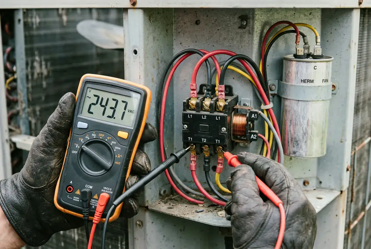 HVAC technician testing contactor terminals with a multimeter
