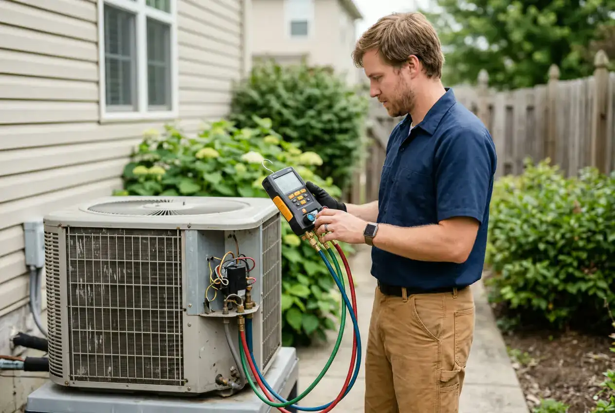 HVAC technician reading a digital manifold gauge set on a residential AC condenser